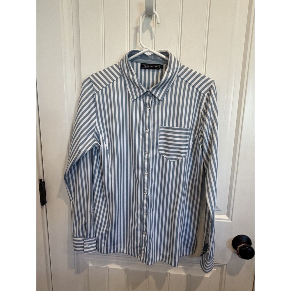 PS of Sweden Womens L Blue White Stripe Equestrian Button Up Riding Shirt